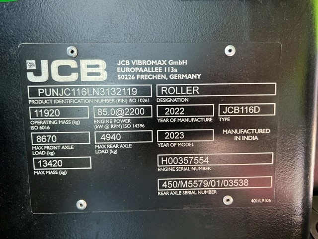 2023 JCB VM116D VIBROMAX SMOOTH DRUM ROLLER U4564 - CEA